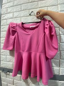 V-Neck Peplum Top with Puff Sleeves