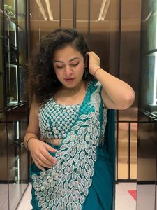 Teal &amp; Silver Embellished Saree