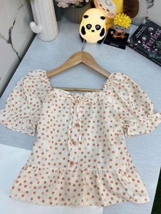 Polka Dot Puff Sleeve Peplum Top