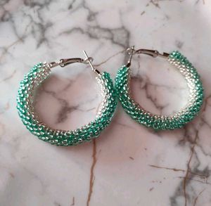 Beaded Hoop Earrings - Green &amp; Silver