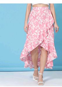 Chic Pink Floral Wrap Skirt with Ruffle Detail