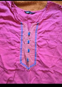 Pink Kurta with Blue Embroidery