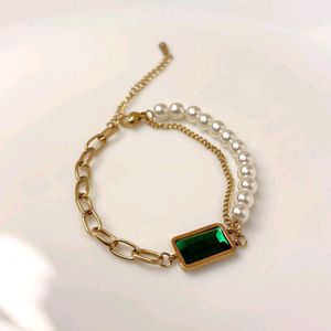 💚Stainless Steel Emerald &amp; Pearl Bracelet