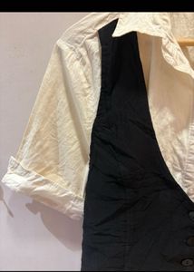 Chic Button-Up Shirt with Black Vest