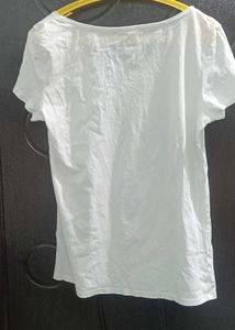 White T-Shirt with Blue Leaf Print