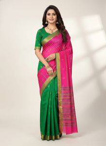 Vibrant Green Saree with Pink Palu