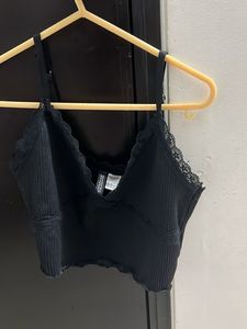 Black Ribbed Lace Trim Crop Top