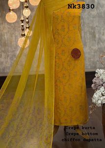 Yellow Floral Crepe Kurta Set with Chiffon Dupatta