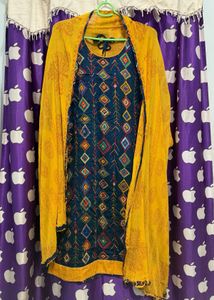 Yellow & Navy Ethnic salwar Kurta with Dupatta