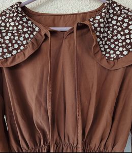 Brown Blouse with Floral Peter Pan Collar
