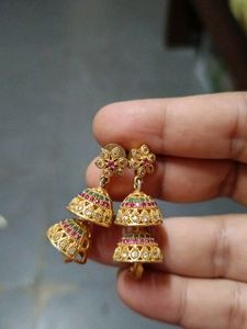 Cz Jhumka Red Green White Stones gold Plated