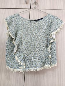 Boho Floral Print Lace Trim Top