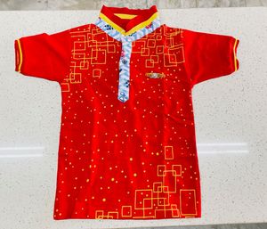 Vibrant Red Boys Polo Shirt with Geometric Print