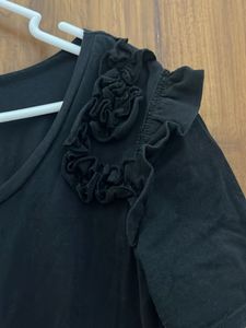 Elle Black Top with Floral Shoulder Detail