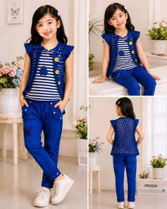 Girls Blue Striped Top, Jacket & Pants Set