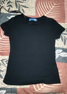 Black Ribbed T-Shirt with Tie Detail