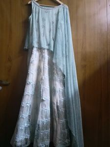 Embellished Ethnic Gown with One Side Long Cape