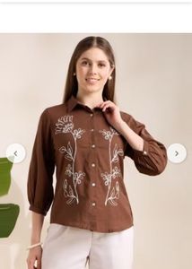 Brown Floral Embroidered Button-Up Shirt
