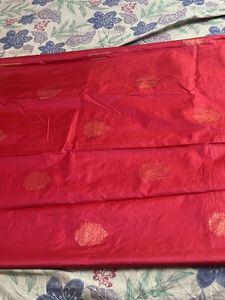 Red Silk Saree with Blue Brocade