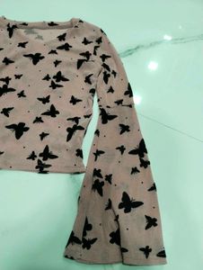 Sheer Butterfly Print Bell Sleeve Top