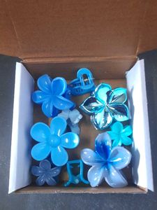 10 Blue Flower Hair Clips Set