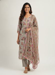 Grey Floral Print Kurta Set