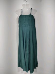 Green Plain Smoking Strap Dress (Women's)