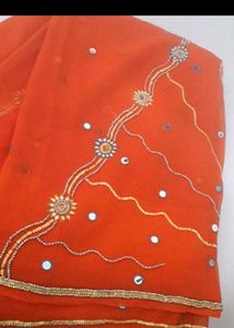 Vibrant Orange Mirror Work Saree