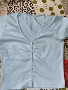 Light Blue V-Neck Button-Up Top