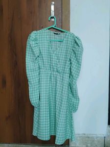 Mint Green Checkered Puff Sleeve Dress
