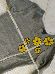 ANORA Grey Kurta with Yellow Floral Embellishments
