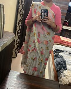 flowers print off silver saree with blouse
