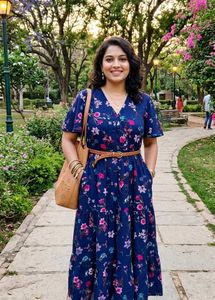 Navy Floral Print Midi Dress