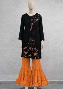 Embroidered Black Tunic & Orange Pants