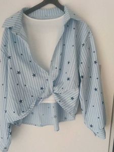 Striped Star Print Twist Front Shirt