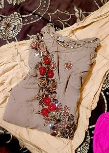 Khaki Hand Embroidery Kurti With Beige Sharara