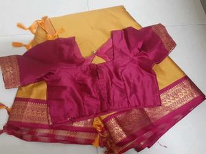 Elegant Yellow Saree with Contrast Blouse