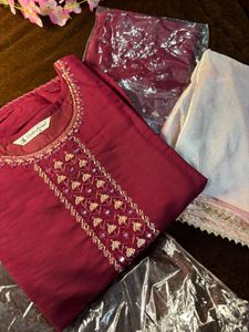 Elegant Embroidered Maroon Kurti Set