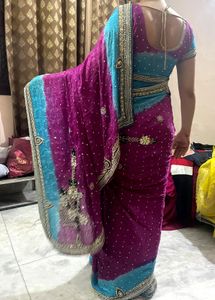 Elegant Pink &amp; Blue Embellished y2k Saree