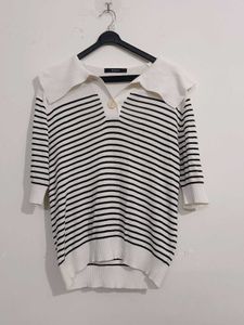 Striped Knit Top with Peter Pan Collar