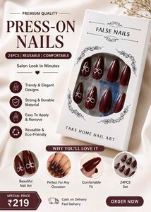 Burgundy False Nails with Bow Design