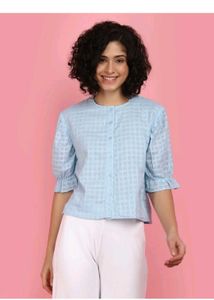 Chic Light Blue Checkered Button-Up Top