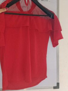 Red Off-Shoulder Top with Choker Detail