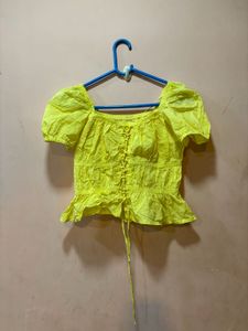 Bright Yellow Puff Sleeve Lace-Up Top