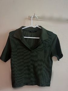 Dark Green Collared Crop Top