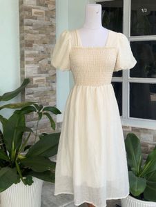 Cream Smocked Puff Sleeve Midi Dress