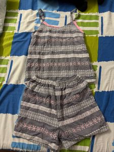 Gray Pajama Set with Floral Embroidery