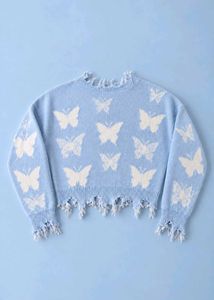 POWDER BLUE BUTTERFLY DISTRESSED CROPPED KNIT SWEA