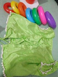 Lime Green Silk Blouse with Pearl Embellishments