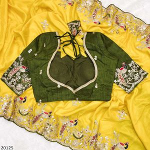 Elegant Yellow Embroidered Premium Chinon Silk Sar